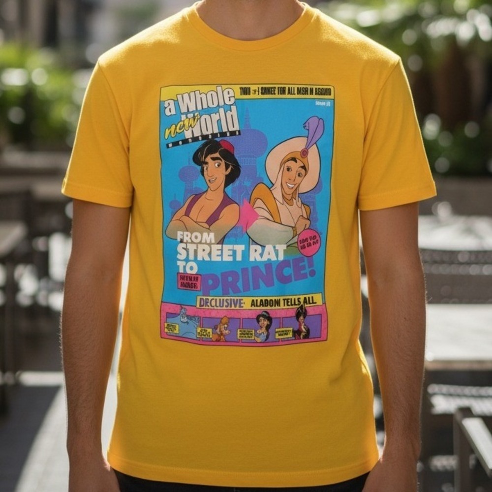 Disney Prince Aladdin‎ Whole New World Magazine Graphic T-Shirt Yellow Mens
